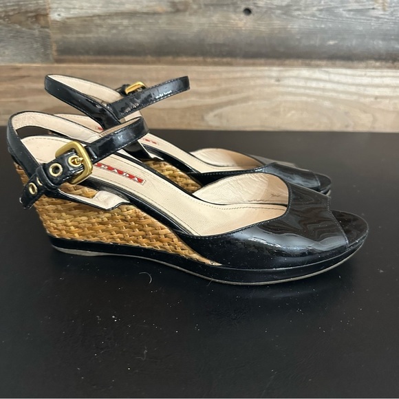 PRADA Womens Patent Leather Peep Toe Buckled Platform Sandals Black EU 40 Read - Picture 6 of 12